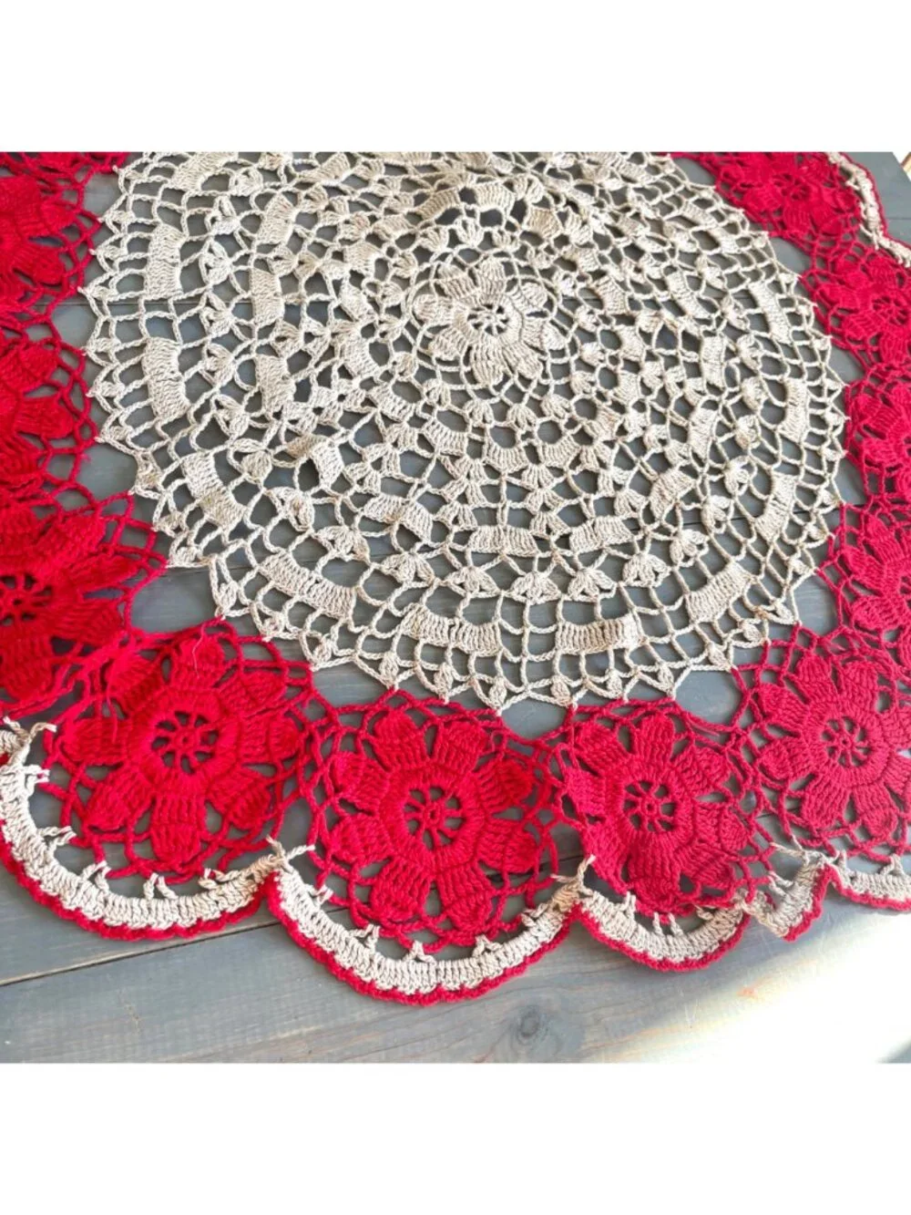 Vintage Handmade Round White and Red Cotton Crochet Lace Doily